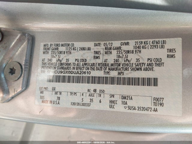 46052291 :رقم المزاد ، 1FMCU9GX0DUA20610 vin ، 2013 Ford Escape Se مزاد بيع