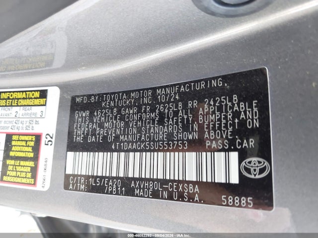 Продаж на аукціоні авто 2025 Toyota Camry Se, vin: 4T1DAACK5SU553753, номер лоту: 46052292