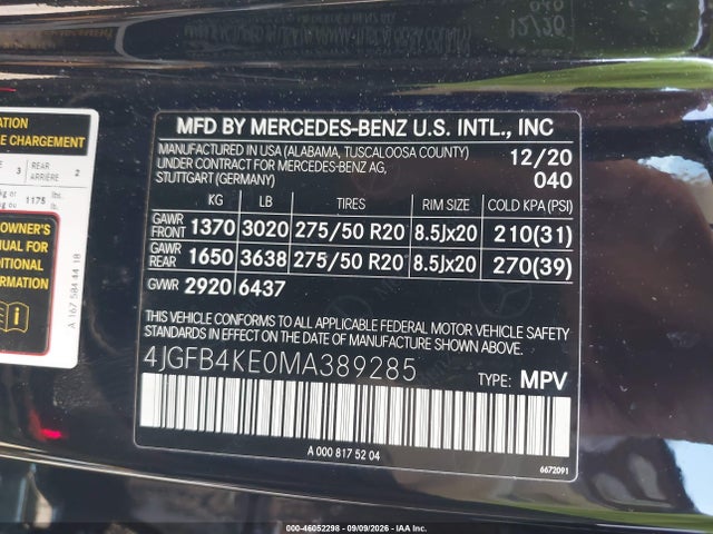 Aukcja sprzedaży 2021 Mercedes-benz Gle 350 4matic, vin: 4JGFB4KE0MA389285, numer aukcji: 46052298