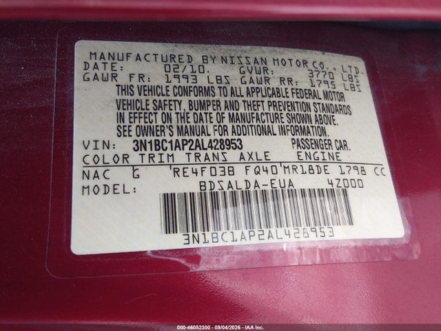 46052300 :رقم المزاد ، 3N1BC1AP2AL428953 vin ، 2010 Nissan Versa 1.8s مزاد بيع