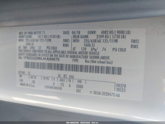 46052306 :رقم المزاد ، 1FBZX2ZM9JKA99870 vin ، 2018 Ford Transit-350 Xl مزاد بيع