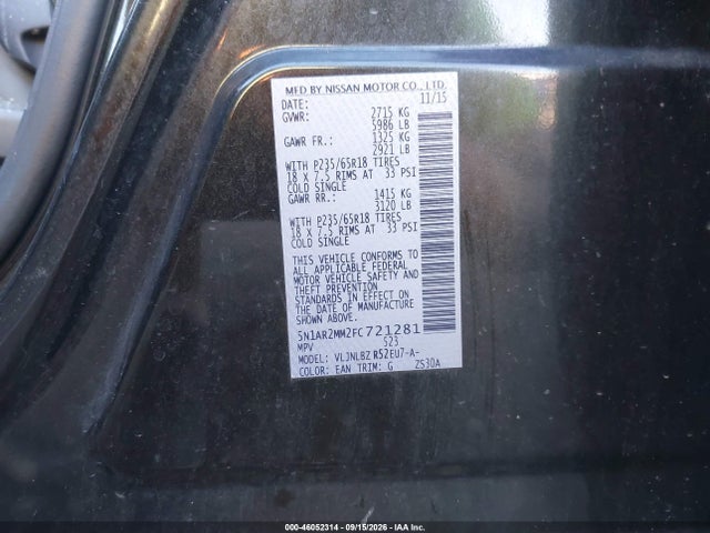 Продажа на аукционе авто 2015 Nissan Pathfinder S, vin: 5N1AR2MM2FC721281, номер лота: 46052314