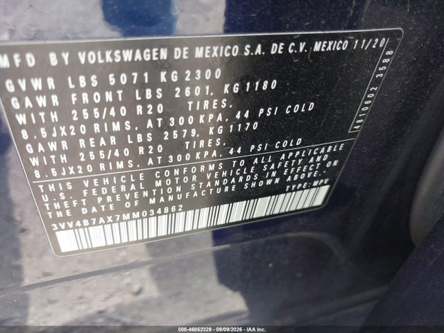 2021 Volkswagen Tiguan 2.0t Sel Premium R-line მანქანა იყიდება აუქციონზე, vin: 3VV4B7AX7MM034862, აუქციონის ნომერი: 46052329