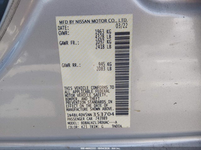 2022 Nissan Altima Sv Fwd მანქანა იყიდება აუქციონზე, vin: 1N4BL4DV5NN353704, აუქციონის ნომერი: 46052333