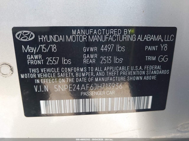 2018 Hyundai Sonata Se მანქანა იყიდება აუქციონზე, vin: 5NPE24AF6JH713936, აუქციონის ნომერი: 46052352