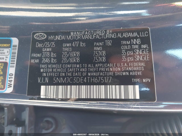 Продажа на аукционе авто 2026 Hyundai Tucson Sel Premium, vin: 5NMJC3DE4TH675177, номер лота: 46052357