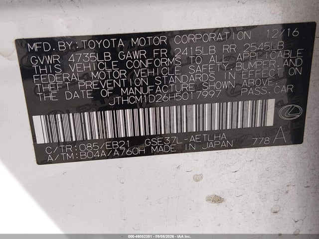 Aukcja sprzedaży 2017 Lexus Is 300, vin: JTHCM1D26H5017997, numer aukcji: 46052381