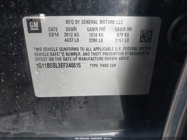 46052385 :رقم المزاد ، 1G11B5SL3EF240515 vin ، 2014 Chevrolet Malibu 1ls مزاد بيع