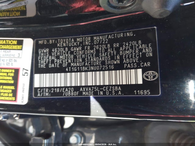 Aukcja sprzedaży 2022 Toyota Camry Se Awd, vin: 4T1G11BK3NU072516, numer aukcji: 46052387