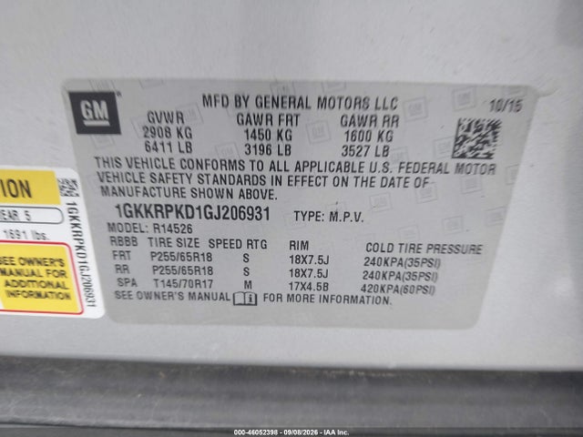 46052398 :رقم المزاد ، 1GKKRPKD1GJ206931 vin ، 2016 Gmc Acadia Sle-2 مزاد بيع