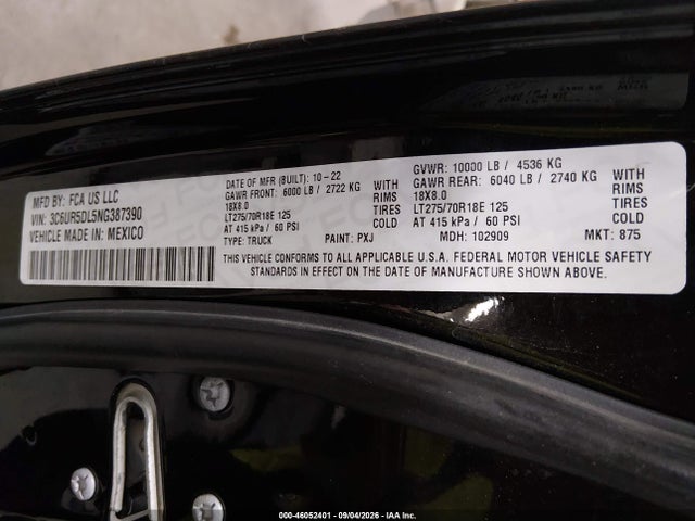 Aukcja sprzedaży 2022 Ram 2500 Big Horn  4x4 6'4 Box, vin: 3C6UR5DL5NG387390, numer aukcji: 46052401