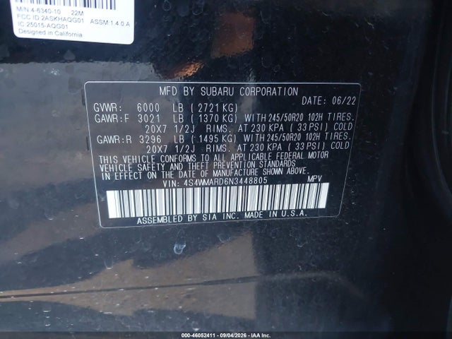 Aukcja sprzedaży 2022 Subaru Ascent Touring, vin: 4S4WMARD6N3448805, numer aukcji: 46052411