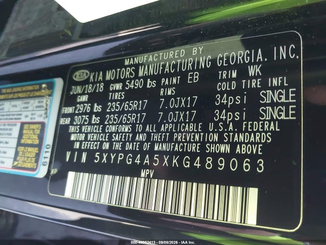 5XYPG4A5XKG489063 KIA Sorento 3.3l Lx
