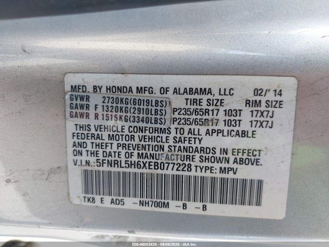 46052428 :رقم المزاد ، 5FNRL5H6XEB077228 vin ، 2014 Honda Odyssey Ex-l مزاد بيع