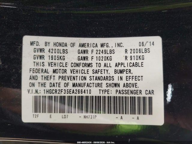 Aukcja sprzedaży 2014 Honda Accord Lx, vin: 1HGCR2F35EA266410, numer aukcji: 46052438