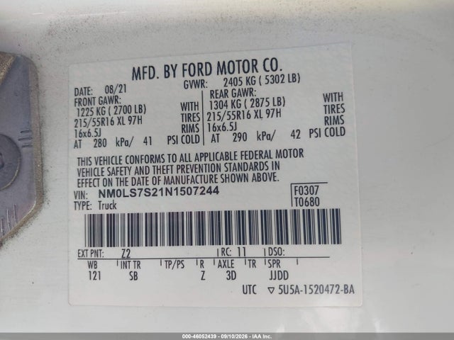 2022 Ford Transit Connect Xl მანქანა იყიდება აუქციონზე, vin: NM0LS7S21N1507244, აუქციონის ნომერი: 46052439