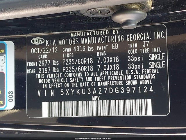 Продажа на аукционе авто 2013 Kia Sorento Ex V6, vin: 5XYKU3A27DG397124, номер лота: 46052445