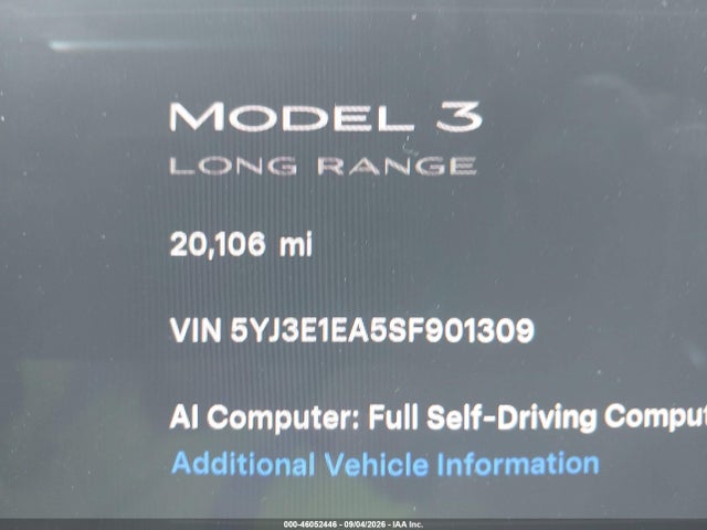 46052446 :رقم المزاد ، 5YJ3E1EA5SF901309 vin ، 2025 Tesla Model 3 Long Range Rear-wheel Drive/standard Rear-wheel Drive مزاد بيع