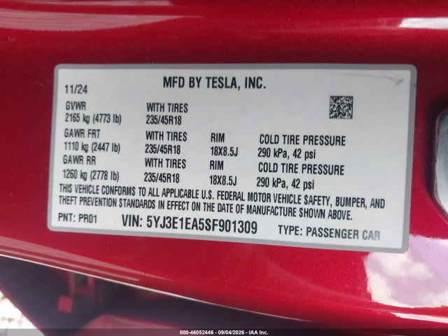 46052446 :رقم المزاد ، 5YJ3E1EA5SF901309 vin ، 2025 Tesla Model 3 Long Range Rear-wheel Drive/standard Rear-wheel Drive مزاد بيع