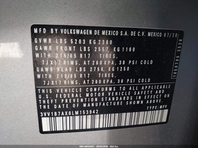 3VV1B7AX6LM153942 Volkswagen Tiguan 2.0t S