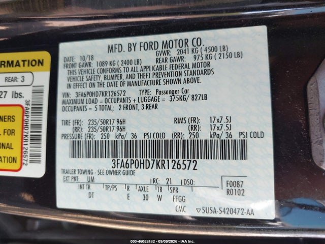 Aukcja sprzedaży 2019 Ford Fusion Se, vin: 3FA6P0HD7KR126572, numer aukcji: 46052482
