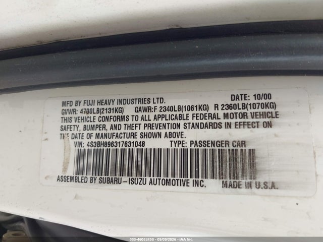Aukcja sprzedaży 2001 Subaru Outback H6-3.0, vin: 4S3BH896317631048, numer aukcji: 46052490