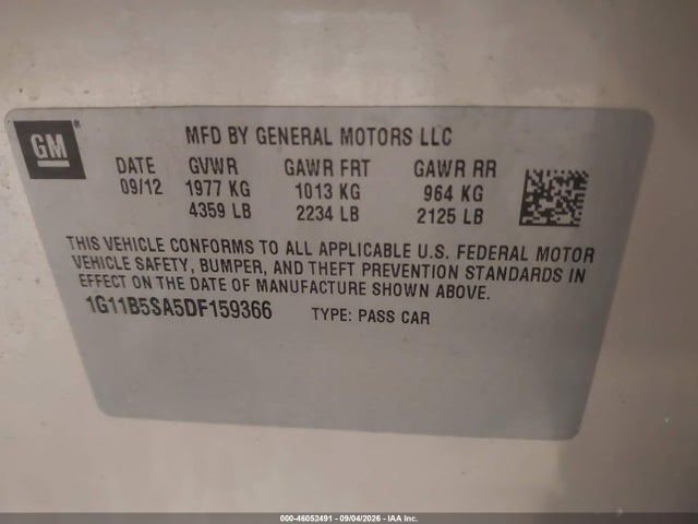 Auction sale of the 2013 Chevrolet Malibu 1ls, vin: 1G11B5SA5DF159366, lot number: 46052491