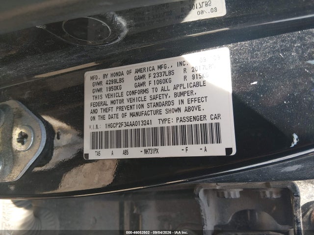 46052502 :رقم المزاد ، 1HGCP2F34AA013241 vin ، 2010 Honda Accord 2.4 Lx مزاد بيع