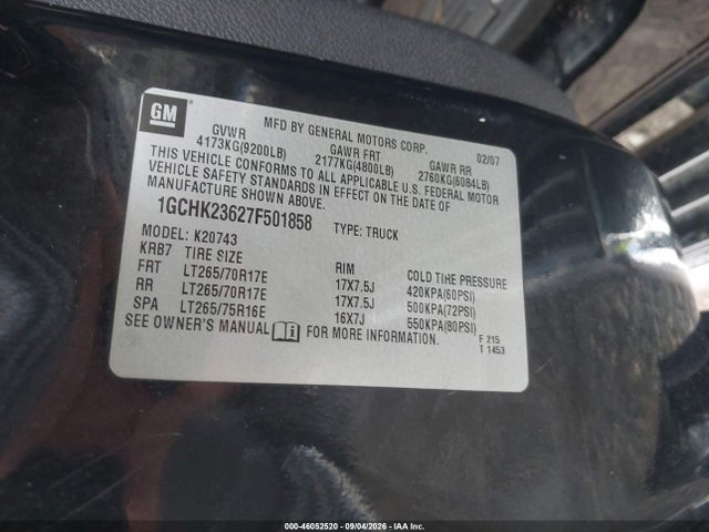 Продаж на аукціоні авто 2007 Chevrolet Silverado 2500hd Ltz, vin: 1GCHK23627F501858, номер лоту: 46052520