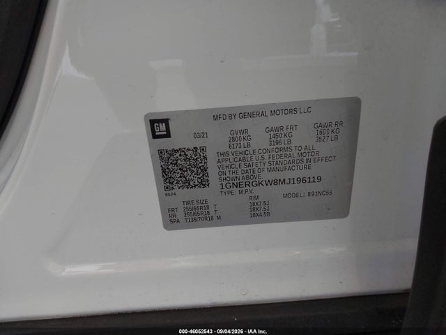 Aukcja sprzedaży 2021 Chevrolet Traverse Fwd Lt Cloth, vin: 1GNERGKW8MJ196119, numer aukcji: 46052543
