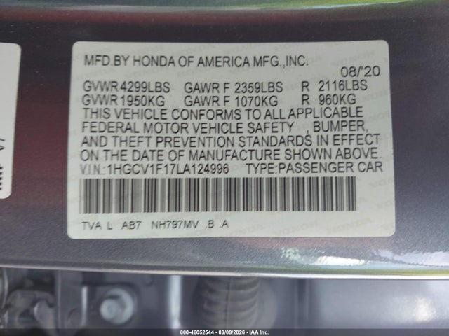 2020 Honda Accord Lx მანქანა იყიდება აუქციონზე, vin: 1HGCV1F17LA124996, აუქციონის ნომერი: 46052544