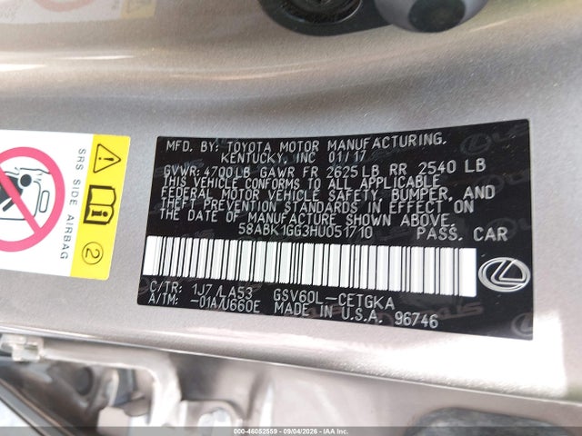 Aukcja sprzedaży 2017 Lexus Es 350, vin: 58ABK1GG3HU051710, numer aukcji: 46052559