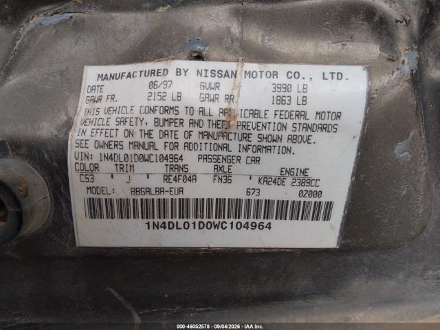 Продажа на аукционе авто 1998 Nissan Altima Gle/gxe/se/xe, vin: 1N4DL01D0WC104964, номер лота: 46052578