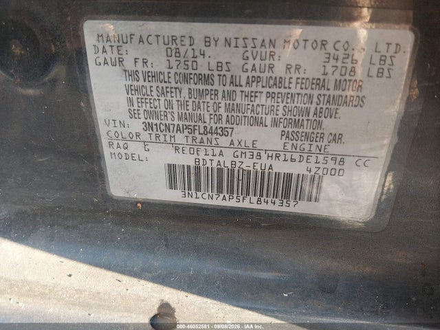 46052581 :رقم المزاد ، 3N1CN7AP5FL844357 vin ، 2015 Nissan Versa 1.6 Sv مزاد بيع