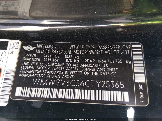 Продажа на аукционе авто 2012 Mini Cooper S, vin: WMWSV3C56CTY25365, номер лота: 46052586