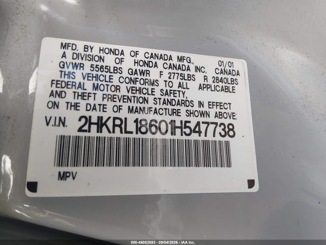 46052593 :رقم المزاد ، 2HKRL18601H547738 vin ، 2001 Honda Odyssey Ex مزاد بيع