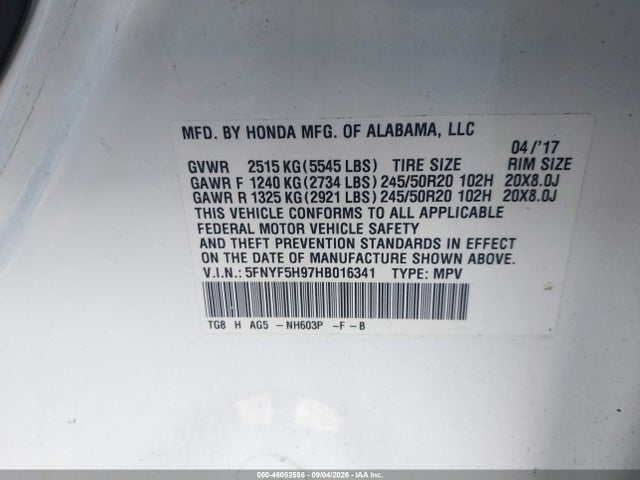 Aukcja sprzedaży 2017 Honda Pilot Touring, vin: 5FNYF5H97HB016341, numer aukcji: 46052596