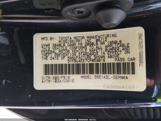 2012 Toyota Corolla Le მანქანა იყიდება აუქციონზე, vin: 5YFBU4EE7CP059016, აუქციონის ნომერი: 46052636