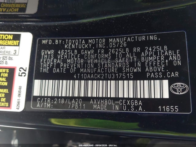 2026 Toyota Camry Xle მანქანა იყიდება აუქციონზე, vin: 4T1DAACK2TU317515, აუქციონის ნომერი: 46052640