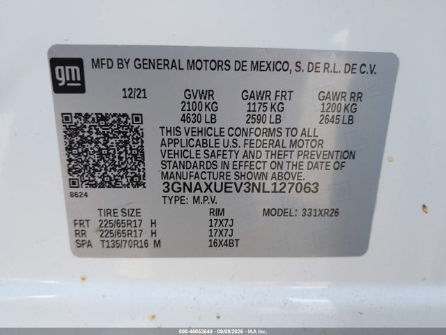 Aukcja sprzedaży 2022 Chevrolet Equinox Awd Lt, vin: 3GNAXUEV3NL127063, numer aukcji: 46052648
