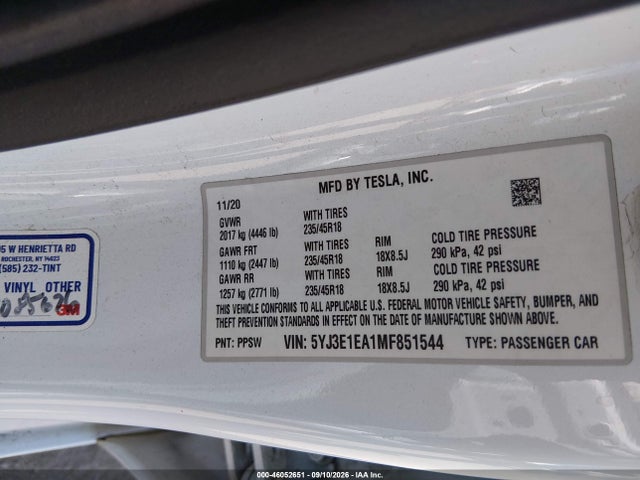 Продаж на аукціоні авто 2021 Tesla Model 3 Standard Range Plus Rear-wheel Drive, vin: 5YJ3E1EA1MF851544, номер лоту: 46052651