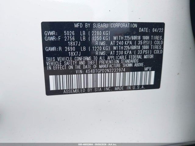 2022 Subaru Outback Touring Xt მანქანა იყიდება აუქციონზე, vin: 4S4BTGPD2N3232974, აუქციონის ნომერი: 46052664