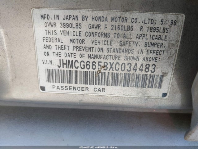 46052673 :رقم المزاد ، JHMCG6658XC034483 vin ، 1999 Honda Accord Lx مزاد بيع