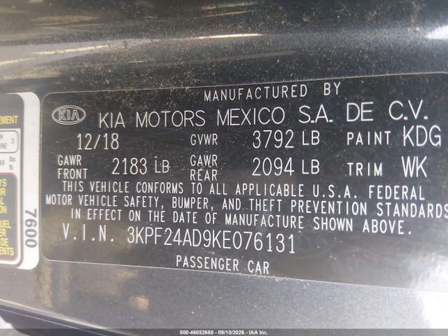 2019 Kia Forte Fe მანქანა იყიდება აუქციონზე, vin: 3KPF24AD9KE076131, აუქციონის ნომერი: 46052680