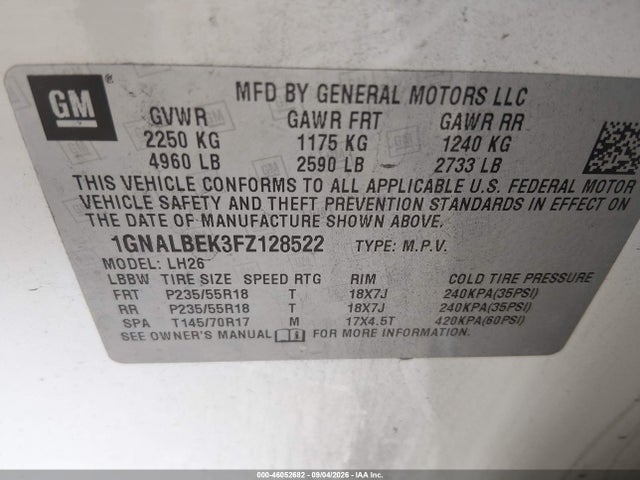 Продаж на аукціоні авто 2015 Chevrolet Equinox 1lt, vin: 1GNALBEK3FZ128522, номер лоту: 46052682