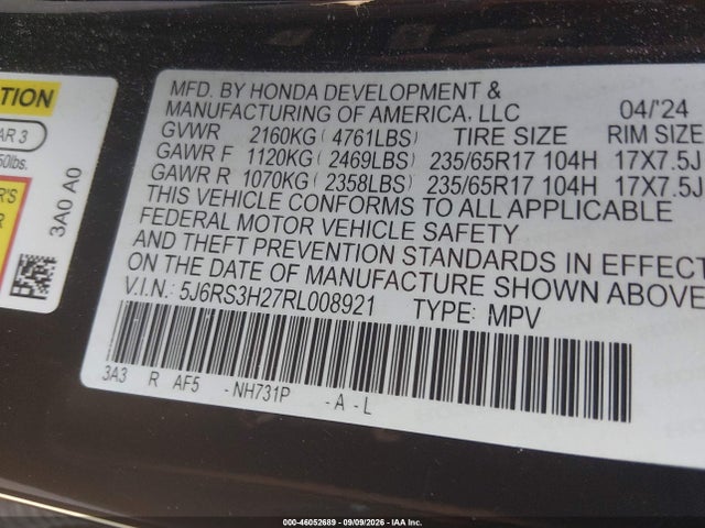 Продажа на аукционе авто 2024 Honda Cr-v Lx 2wd, vin: 5J6RS3H27RL008921, номер лота: 46052689