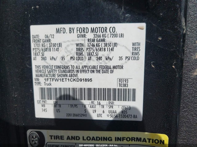 46052695 :رقم المزاد ، 1FTFW1ET1CKD91895 vin ، 2012 Ford F-150 Xlt مزاد بيع