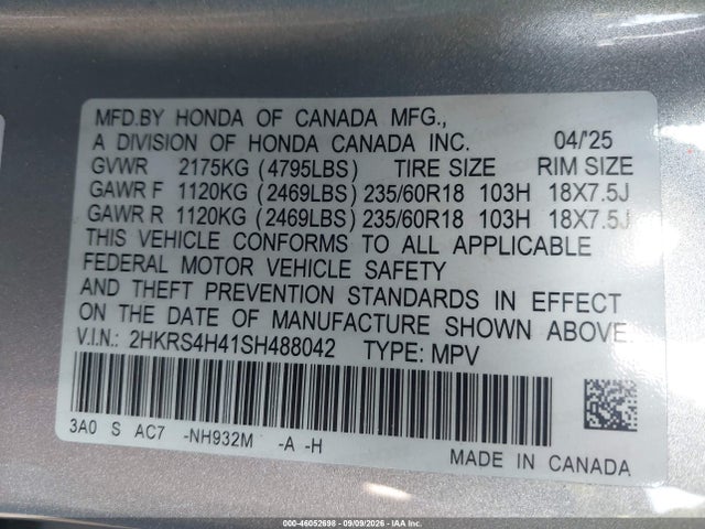 Honda Cr-v Ex Awd 2025 2HKRS4H41SH488042 Image 9