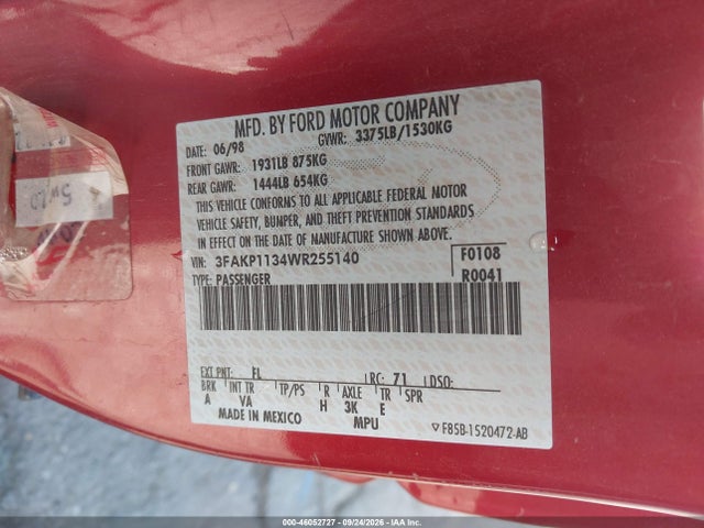 46052727 :رقم المزاد ، 3FAKP1134WR255140 vin ، 1998 Ford Escort Zx2 Cool/zx2 Hot مزاد بيع