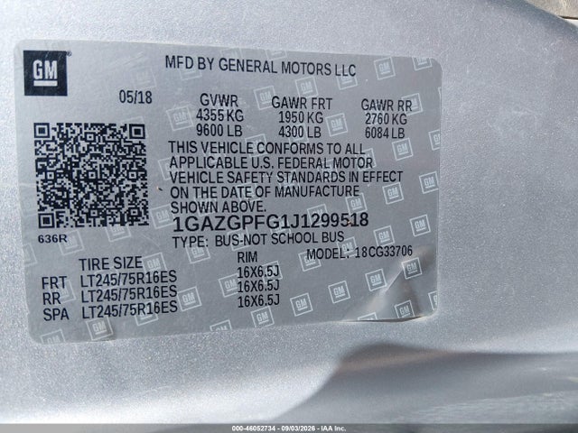 46052734 :رقم المزاد ، 1GAZGPFG1J1299518 vin ، 2018 Chevrolet Express 3500 Lt مزاد بيع